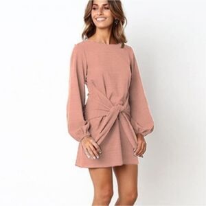 NWT Lionstill Pink Casual Dress Long Sleeve Tie Wrap Waist Mini Dress